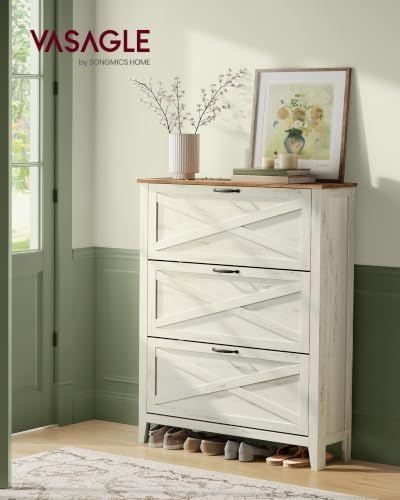 VASAGLE Farmhouse Shoe Cabinet, Narrow Storage Organizer, 3 Flip Drawers - Image 3