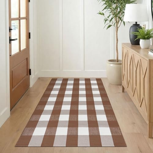 KILOCOCO Buffalo Plaid Checkered Rug 3x5 ft Brown and White Front Door Rug - Image 5