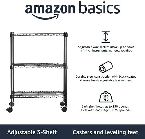 Amazon Basics 3-Shelf Adjustable Heavy Duty Storage Shelving Unit on 2" Wheels - Image 2