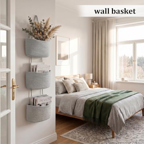 TeoKJ Over the Door Hanging Storage Basket Woven 3 Tier Wall Organizer Gray - Image 3