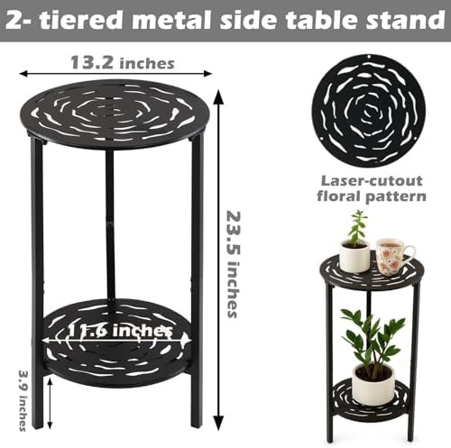 2-Tier Metal Round Side Table Black Accent Coffee Tables Small Space Corner - Image 3