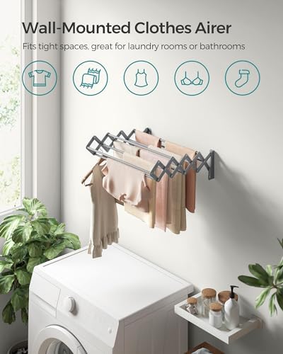 SONGMICS Clothes Drying Rack, Wall-Mounted, 9 Staggered Hanging Rods - Image 3