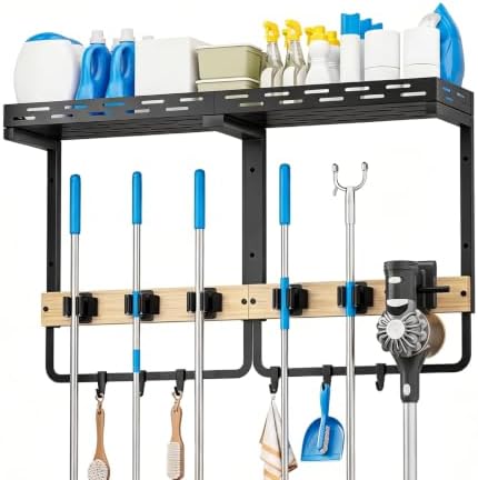 Broom Holder Wall Mount – Wall Mounted Broom, Hanging Cleaning Tool Organizer by Buwico