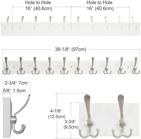 SKOLOO Creations White Solid Wood Wall Mounted Coat Rack, 10 Hooks, 38-1/8" Long - Image 3