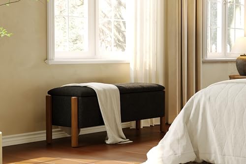Modern Storage Benches with Walnut Wood Legs, Fabric Upholstered Entryway Bench - Image 5