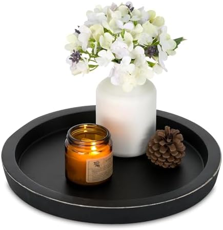 Hanobe Wooden Tray for Coffee Table: Candle Holder Plate Black Round Decorative by Hanobe