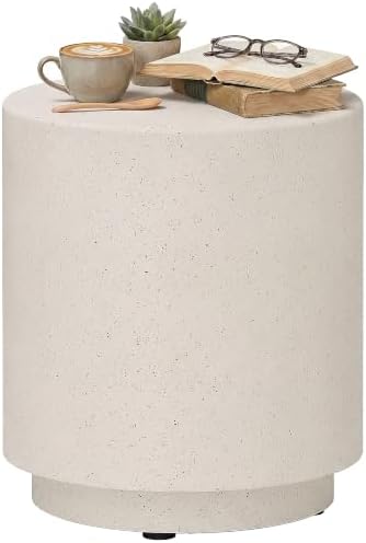 HOMCOM Outdoor Side Table Round Small End Table Concrete Finish Cream White by HOMCOM