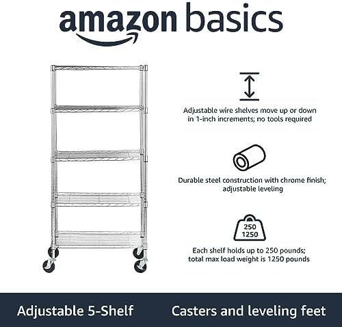 Amazon Basics 5-Shelf Adjustable, Heavy Duty Storage Shelving Unit on 4" Wheel - Image 2