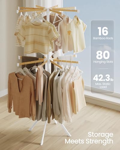 SONGMICS Clothes Drying Rack, Foldable Steel Airer, Bamboo Hanging Rods - Image 3