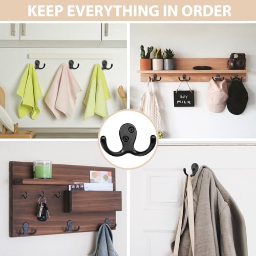 Homanu 10 Pack Black Coat Hooks Wall Mounted Double Prong - Image 2