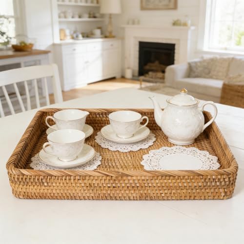 Large Rattan Serving Tray, Rectangle Wicker Storage Basket - Image 2