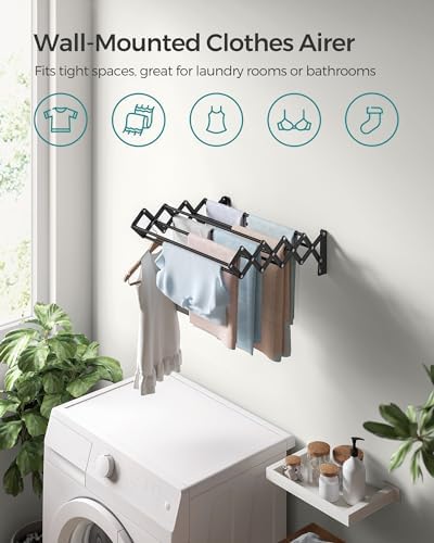 SONGMICS Clothes Drying Rack, Wall-Mounted, 9 Staggered Hanging Rods - Image 3