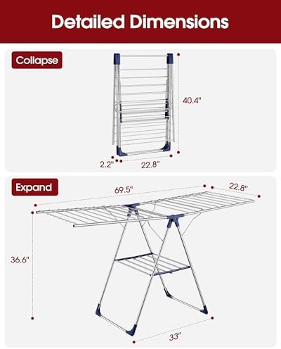 Sakugi Clothes Drying Rack, 69.5" Adjustable Wings, Foldable Design - Image 3