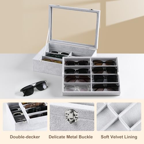 Frebeauty 16-Slot Sunglass Organizer Box, 2 Layer Velvet Sunglasses Holder - Image 4