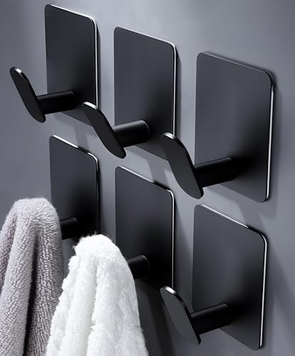 DELITON Black Towel Hooks 6 Pack, Stainless Steel Self Adhesive Wall Hooks by DELITON