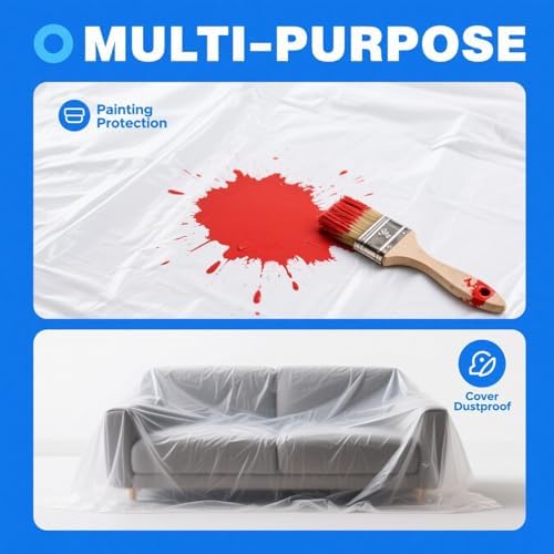 12 Pack Drop Cloth Plastic Sheeting, 9 x 12 FT Heavy Duty Painters Tarp - Image 7