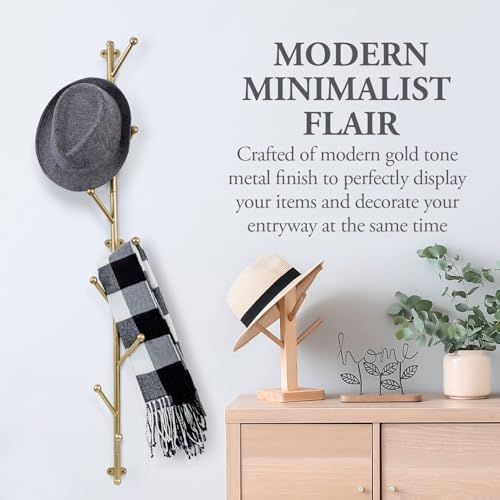 MyGift 9 Hook Wall Mounted Modern Gold Tone Metal Hat and Coat Hanger Tree - Image 2