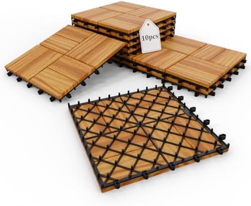 10Pcs Interlocking Deck Tiles, Acacia Wood Flooring, 12x12in Raised Base by XINONE