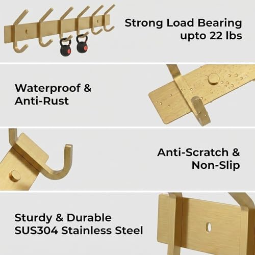 Brushed Gold Wall Mounted Coat Rack – 17 Inch Stainless Steel Rail - Image 3