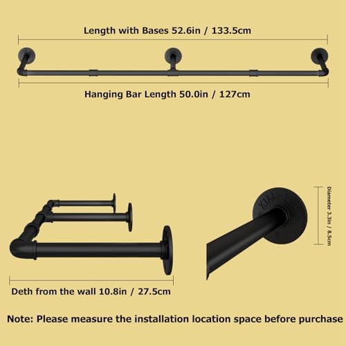 Wall Mounted Clothes Rack, 52.6in Industrial Pipe Clothing Rack - Image 3