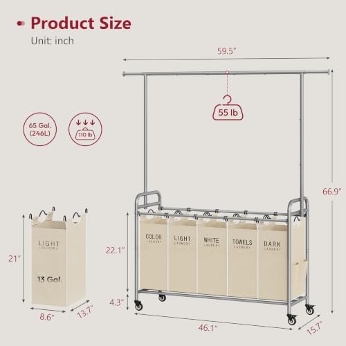 Tajsoon Laundry Cart with Hanging Rack, 65 Gal. Large Laundry Hamper - Image 3