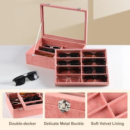 Frebeauty 16-Slot Sunglass Organizer Box, 2 Layer Velvet Sunglasses Holder - Image 4
