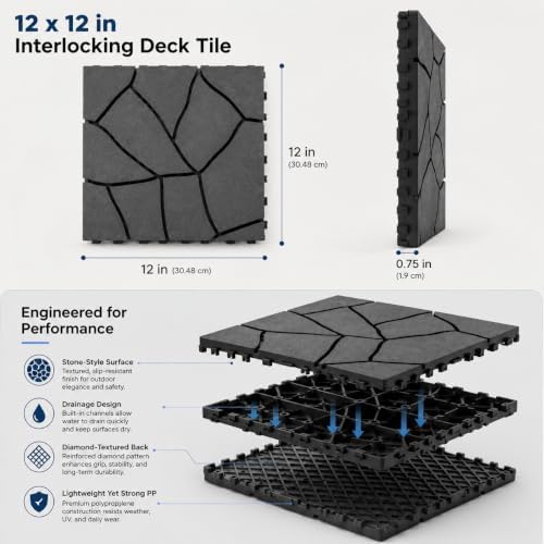 44 pcs Patio Deck Tiles, 12 x 12 in PP Interlocking Deck Tiles, DIY Stone Style - Image 4