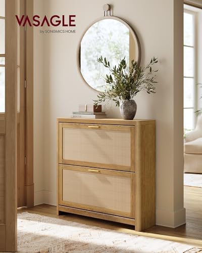 VASAGLE Boho Shoe Storage Cabinet, Rattan-Look Flip Drawers - Image 3