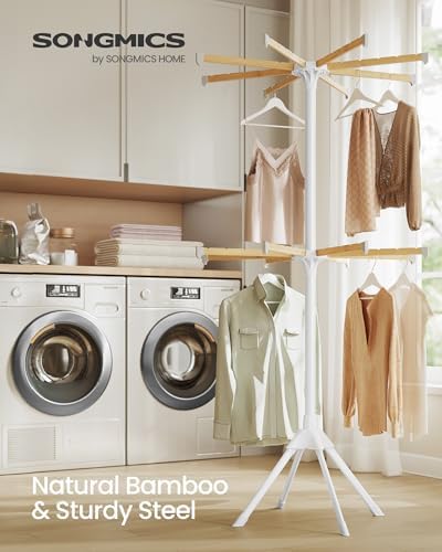 SONGMICS Clothes Drying Rack, Foldable Steel Airer, Bamboo Hanging Rods - Image 2
