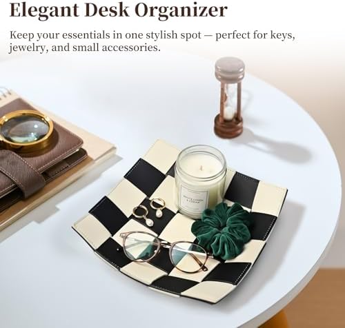 MSJGA Black and White Checkered Valet Tray PU Leather Key Holder Bowl - Image 4