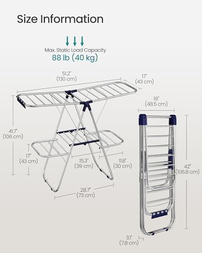 SONGMICS Clothes Drying Rack, Foldable Metal Airer, 51.2 x 19.3 x 61.8 in - Image 7