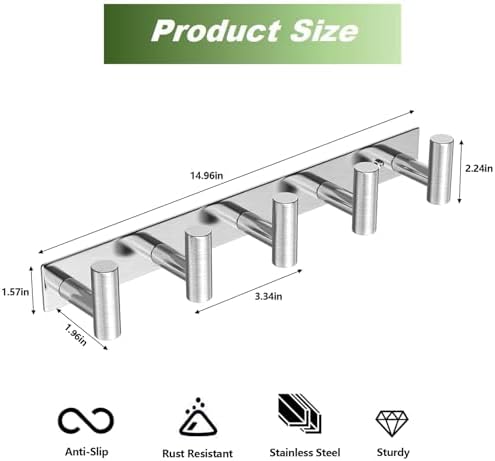 Wall Mounted Coat Rack-5 Hooks, Heavy Duty Stainless Steel Wall Hooks - Image 2