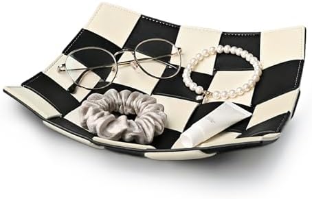 MSJGA Black and White Checkered Valet Tray PU Leather Key Holder Bowl by MSJGA