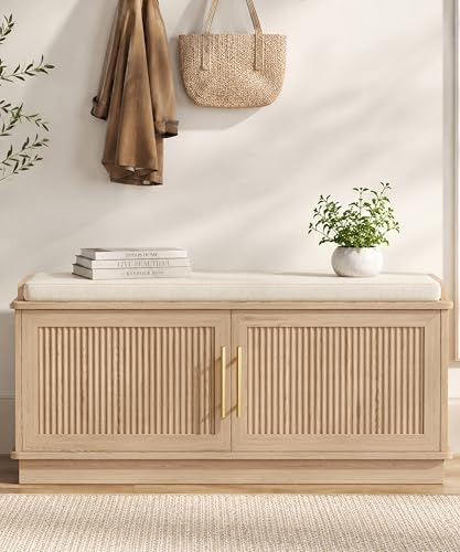 Akxomel 39.4" Fluted Shoe Storage Bench 2 Doors Wooden Entryway Bench Oak by Akxomel