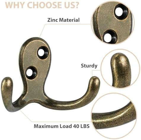 Homanu 14 Pack Antique Brass Double Prong Coat Hooks - Image 4