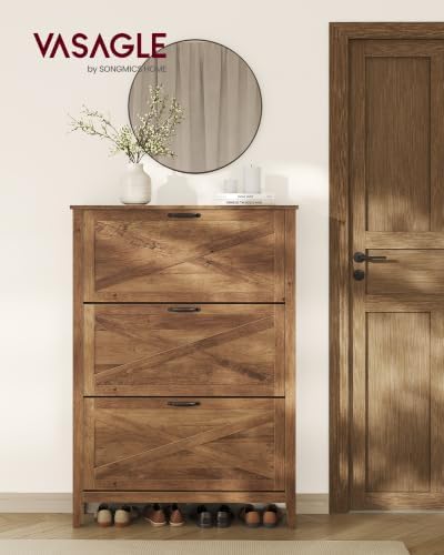 VASAGLE Farmhouse Shoe Cabinet, Narrow Storage Organizer, 3 Flip Drawers - Image 3