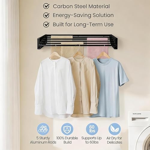 Wall Mounted Laundry Drying Rack, Carbon Steel Foldable & Retractable Clothes - Image 5