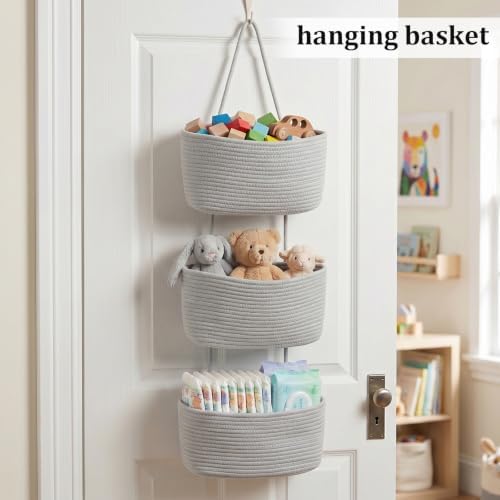 TeoKJ Over the Door Hanging Storage Basket Woven 3 Tier Wall Organizer Gray - Image 4