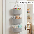 TeoKJ Over the Door Hanging Storage Basket Woven 3 Tier Wall Organizer Gray - Image 4