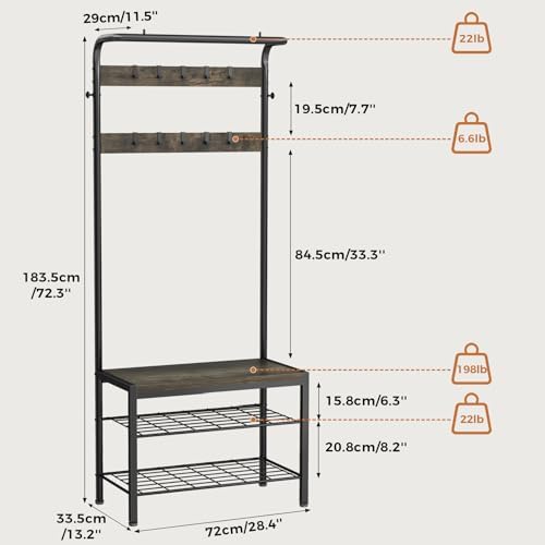 Hall Tree with Bench and Shoe Storage, 4-in-1 Entryway Organizer with 10 Hooks - Image 3