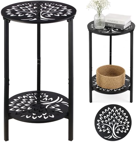 1 Pack 2-Tier Metal Round Side Table Black Accent Coffee Tables Small Space by Unknown