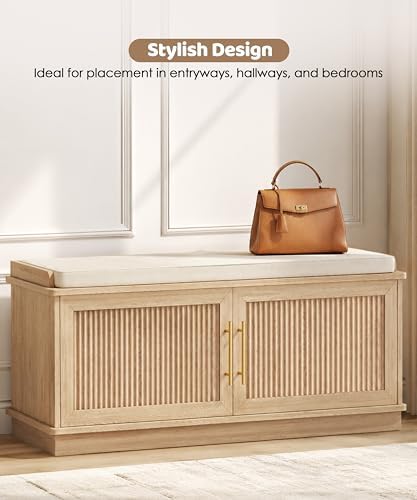 Akxomel 39.4" Fluted Shoe Storage Bench 2 Doors Wooden Entryway Bench Oak - Image 3