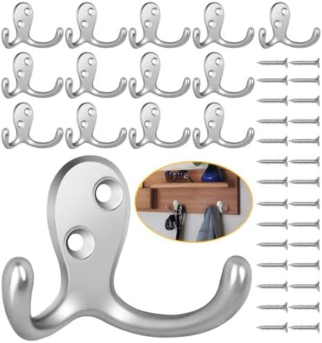 Homanu 14 Pack Silvery Coat Hooks Wall Mounted Double Prong by Homanu