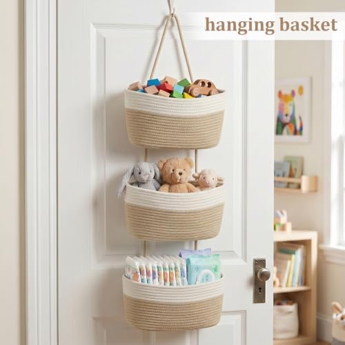 TeoKJ Over the Door Hanging Basket, 3-Tier Woven Cotton Wall-Mounted Storage - Image 4