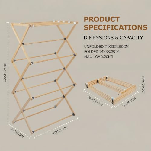 Bamboo Clothes Drying Rack, 3-Tier Tall Laundry Drying Rack - Image 4