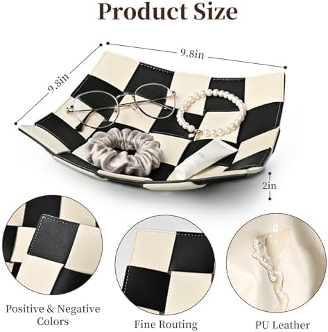 MSJGA Black and White Checkered Valet Tray PU Leather Key Holder Bowl - Image 2