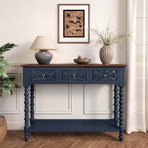 Blue Console Table with 3 Vintage Carved Drawers by MeetSurmorn