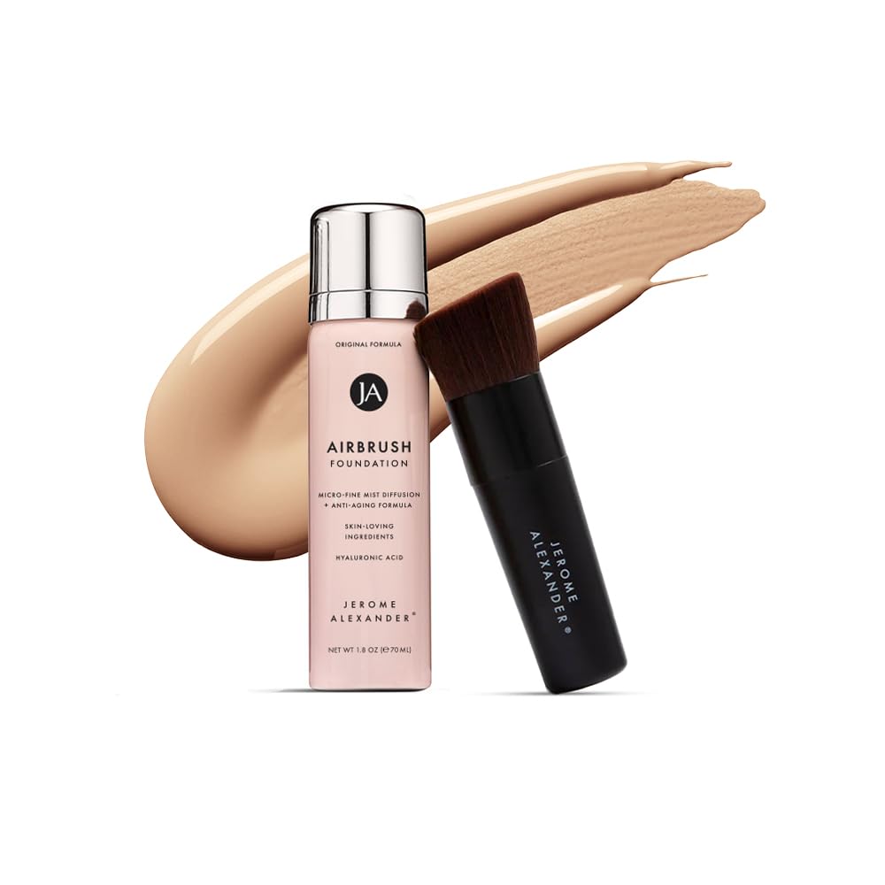 MagicMinerals AirBrush Foundation by Jerome Alexander – 2pc Set with Airbrush Foundation and Kabuki Brush - Spray Makeup with Anti-aging Ingredients for Smooth Radiant Skin - Bright Light