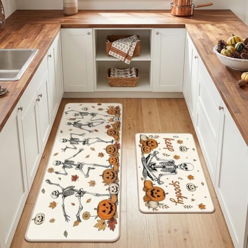 Fall Kitchen Mats Set of 2, Autumn Pumpkin Skull Kitchen Rug - Image 2