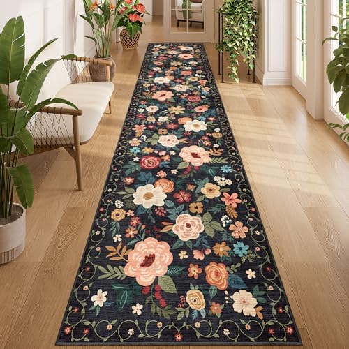 DUKINO 2.6x12 Kitchen Runner Rug, Floral Non Slip Long Washable Rug by DUKINO